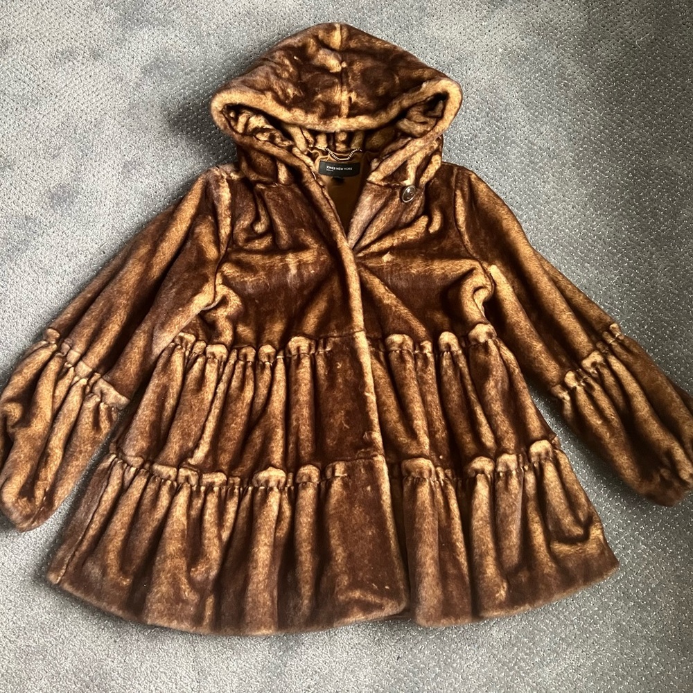Jones New York Hooded Fax Fur Coat - Petite Large - babydool flare - dressy